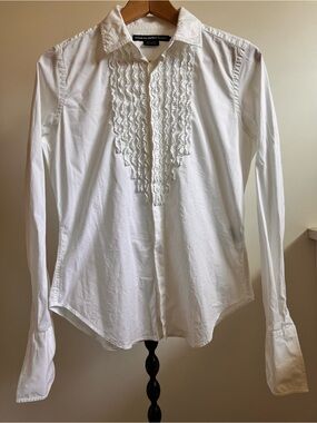 Ralph Lauren White Ruffled Bib Button-Down Shirt